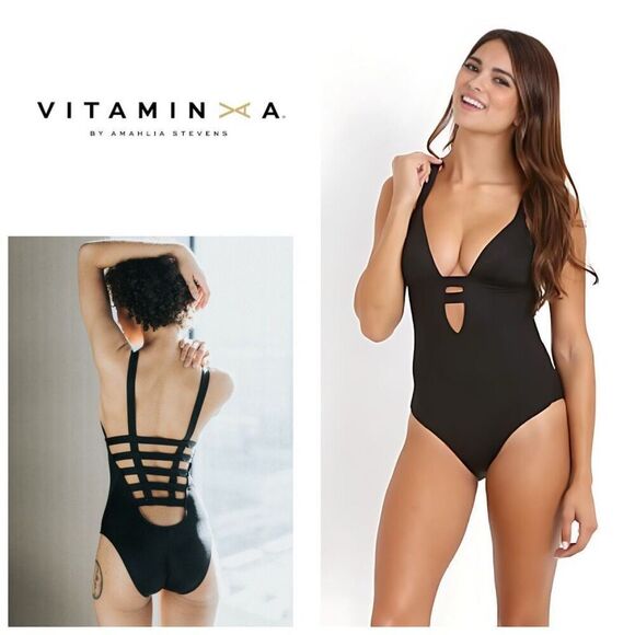 New. Vitamin A black strappy swimsuit. Small. Retails $177 - Picture 1 of 10